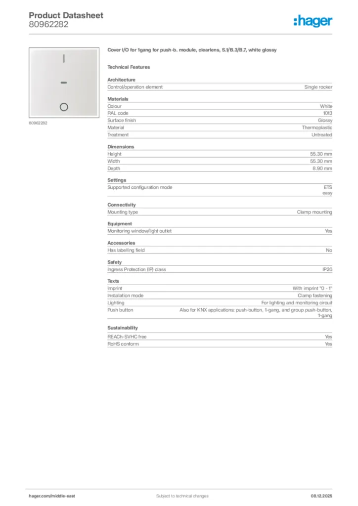 Image Hager Product data sheet 80962282  | Hager