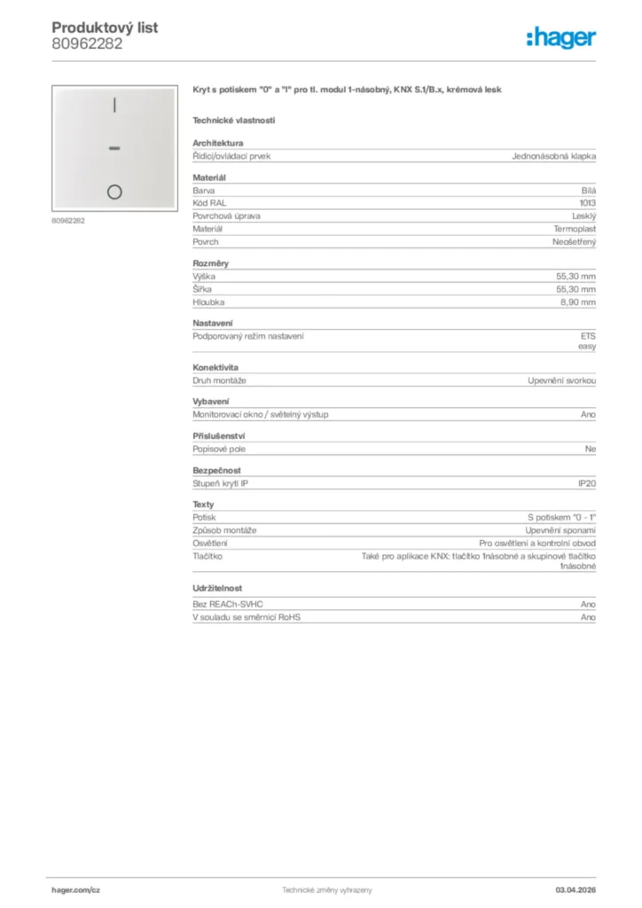 Obrázek Hager Product data sheet 80962282 | Hager