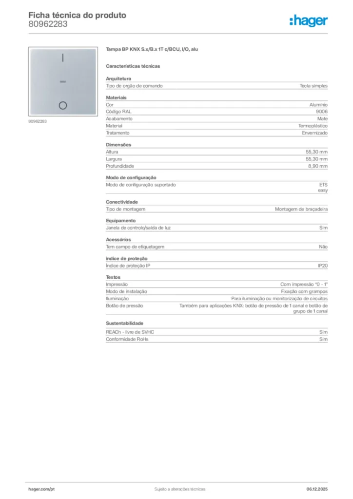 Imagem Hager Ficha técnica do produto 80962283 | Hager Portugal