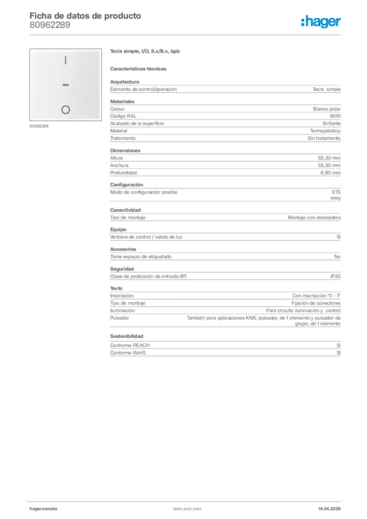 Imagen Hager Ficha de datos de producto 80962289 | Hager España