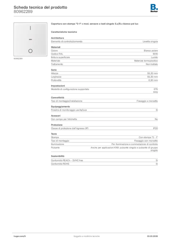 Immagine Berker Scheda tecnica del prodotto 80962289 | Hager Italia