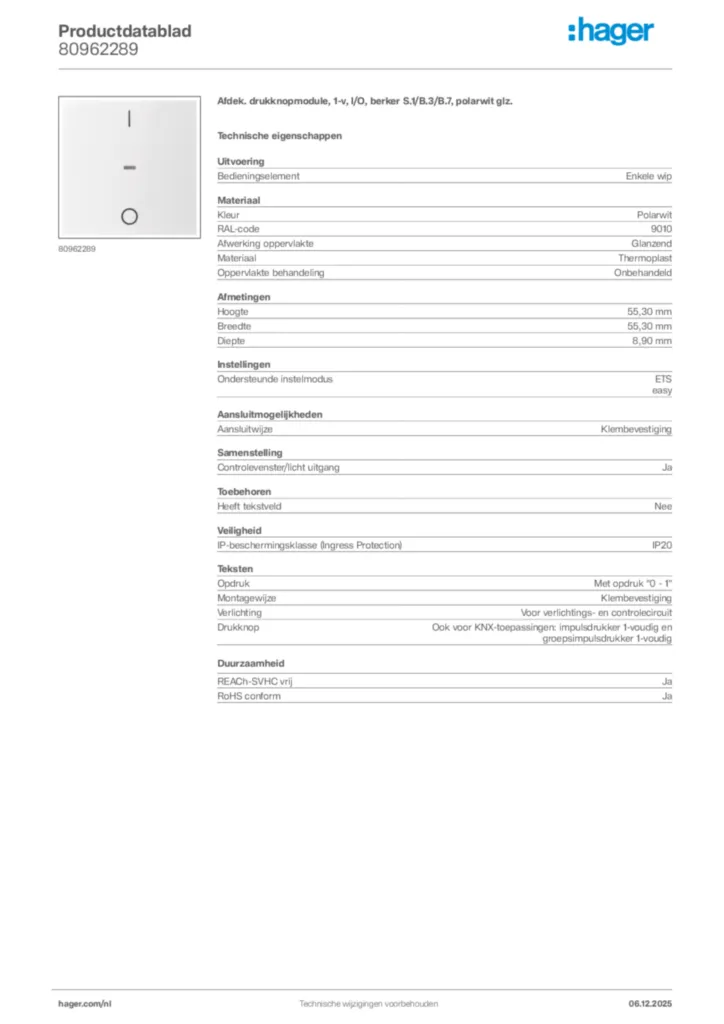 Afbeelding Hager Productdatablad 80962289 | Hager Nederland