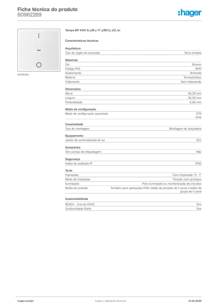Imagem Hager Ficha técnica do produto 80962289 | Hager Portugal