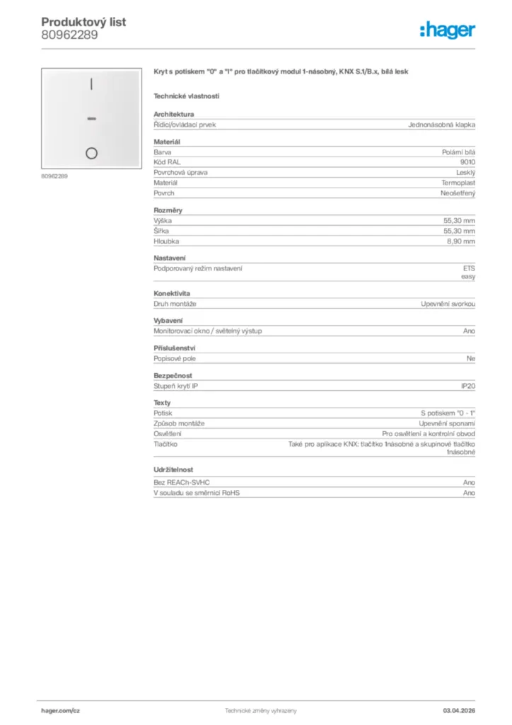 Obrázek Hager Product data sheet 80962289 | Hager