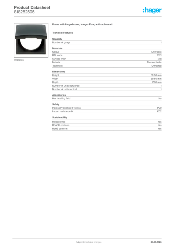 Image Hager Product data sheet 818282505  | Hager
