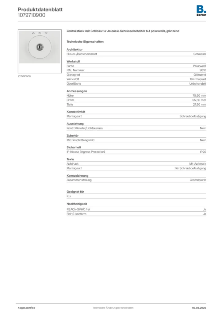 Bild Berker Produktdatenblatt 1079710900 | Hager Deutschland