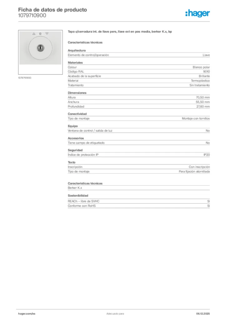 Imagen Hager Ficha de datos de producto 1079710900 | Hager España