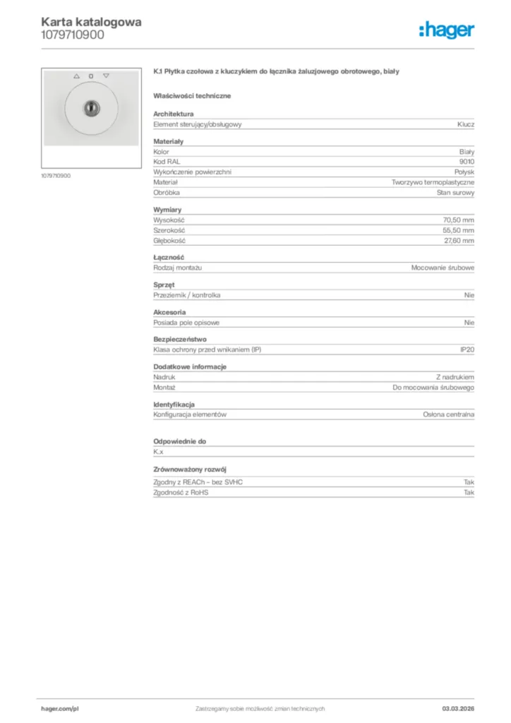 Zdjęcie Hager Karta katalogowa 1079710900 | Hager Polska
