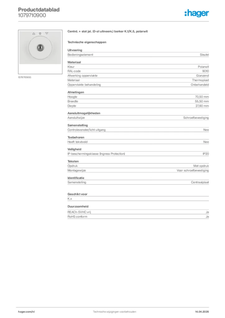 Afbeelding Hager Productdatablad 1079710900 | Hager Nederland