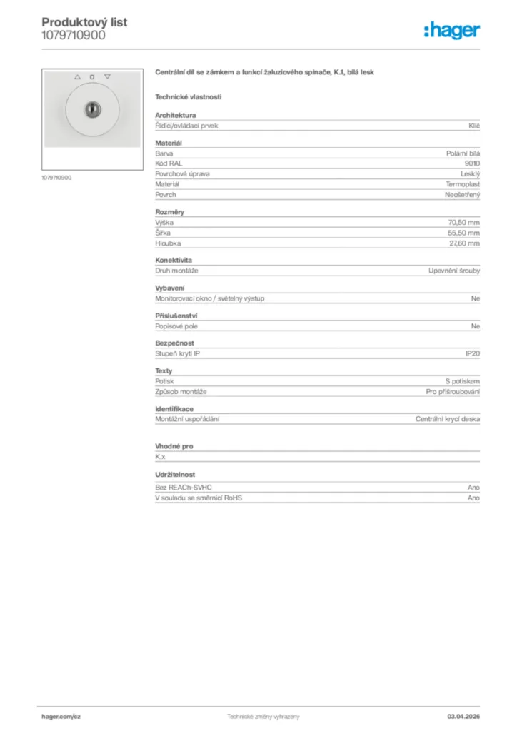 Obrázek Hager Product data sheet 1079710900 | Hager