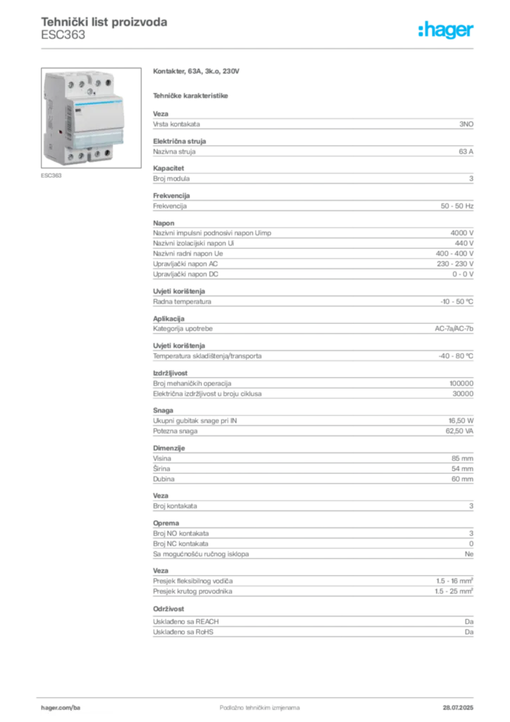 Slika Hager Product data sheet ESC363  | Hager
