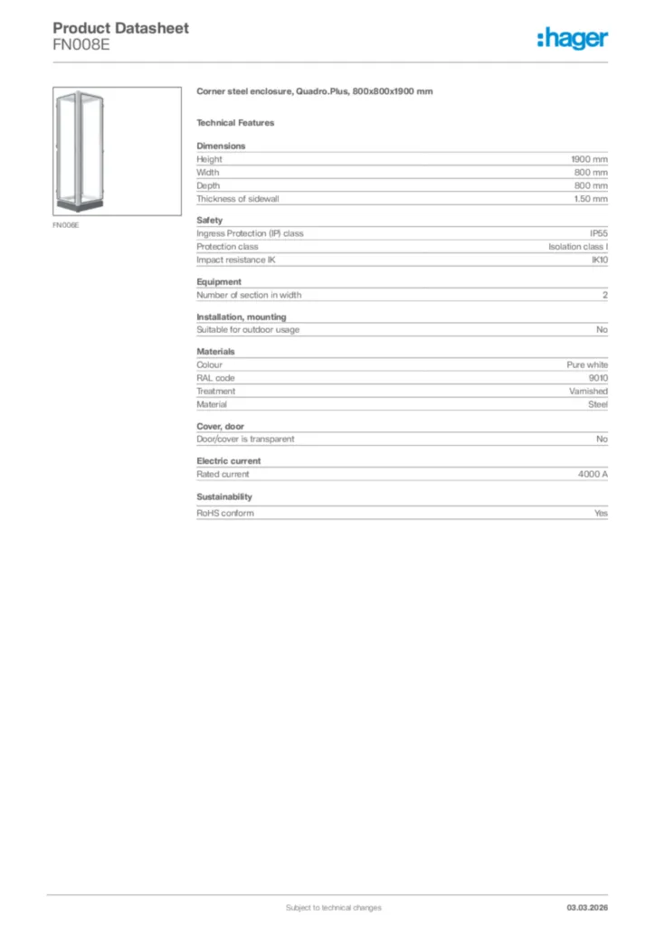 Image Hager Product data sheet FN008E  | Hager Africa