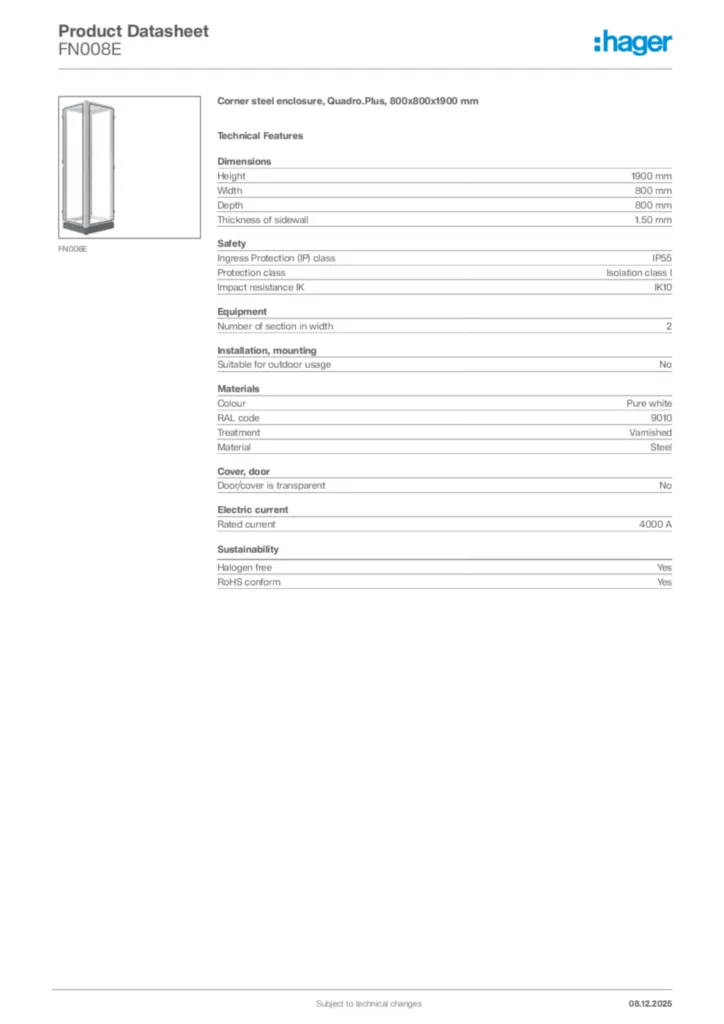 Image Hager Product data sheet FN008E  | Hager Africa