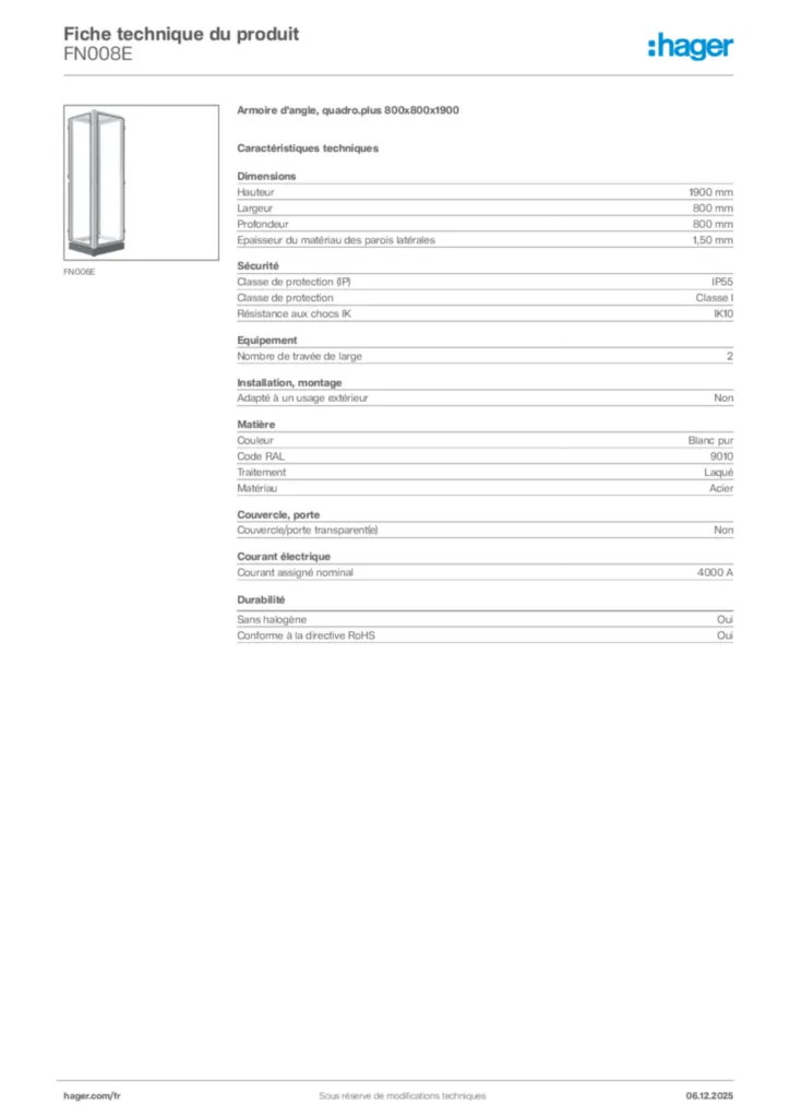 Image Hager Fiche technique du produit FN008E | Hager France