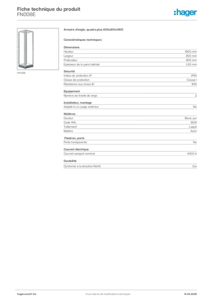 Image Hager Fiche technique du produit FN008E | Hager Belgique
