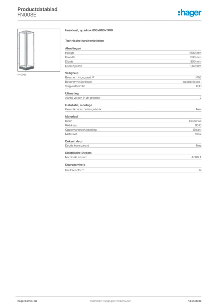 Afbeelding Hager Productdatablad FN008E | Hager Belgium