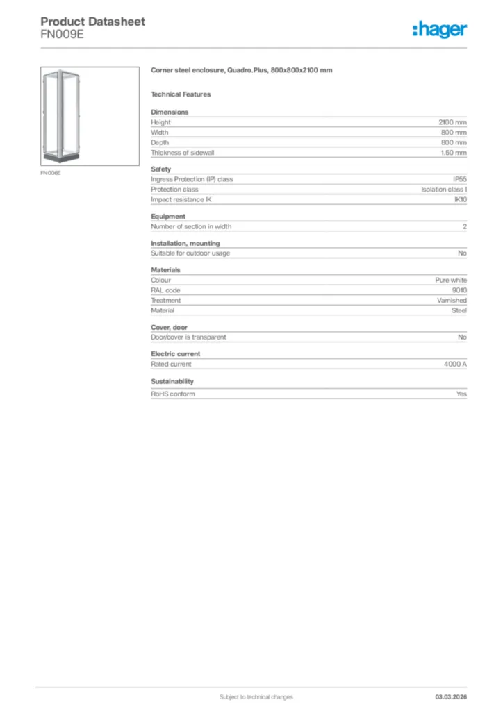 Image Hager Product data sheet FN009E  | Hager Africa