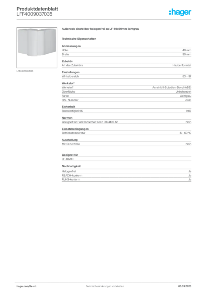 Bild Hager Produktdatenblatt LFF4009037035 | Hager Schweiz