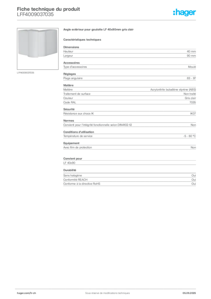 Image Hager Fiche technique du produit LFF4009037035 | Hager Suisse