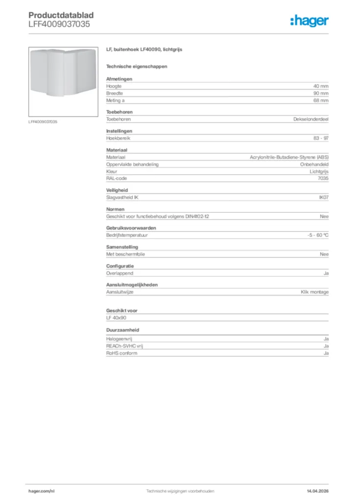 Afbeelding Hager Productdatablad LFF4009037035 | Hager Nederland