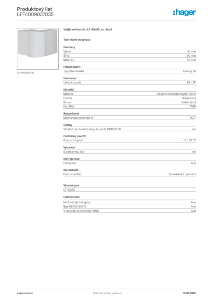 Obrázek Hager Product data sheet LFF4009037035 | Hager