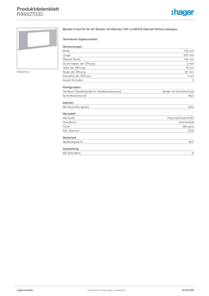 Bild Hager Produktdatenblatt R94827030 | Hager Deutschland