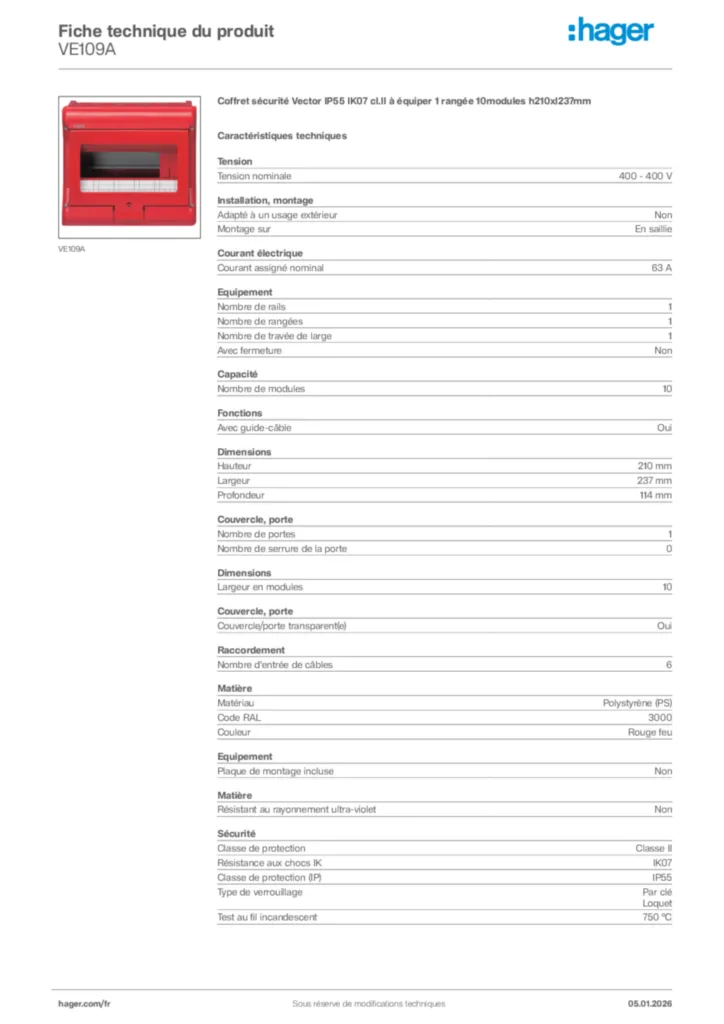 Image Hager Fiche technique du produit VE109A | Hager France