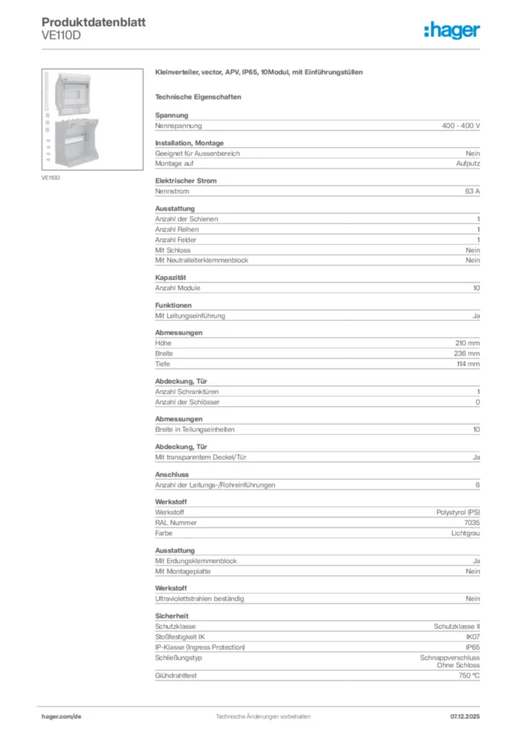 Hager Produktdatenblatt VE110D