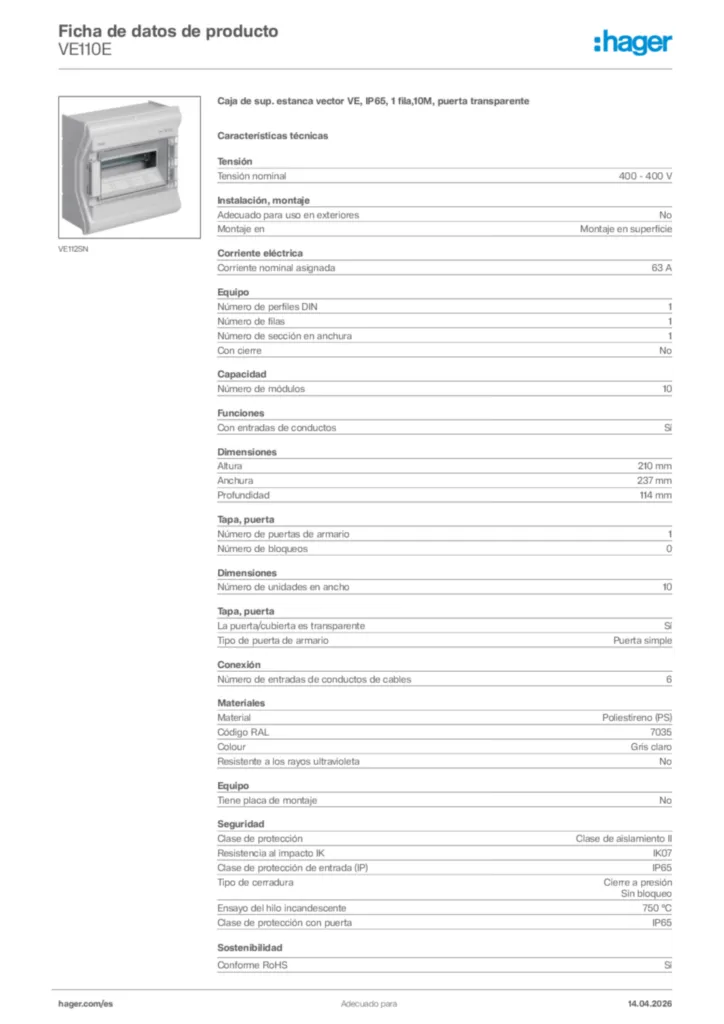 Imagen Hager Ficha de datos de producto VE110E | Hager España