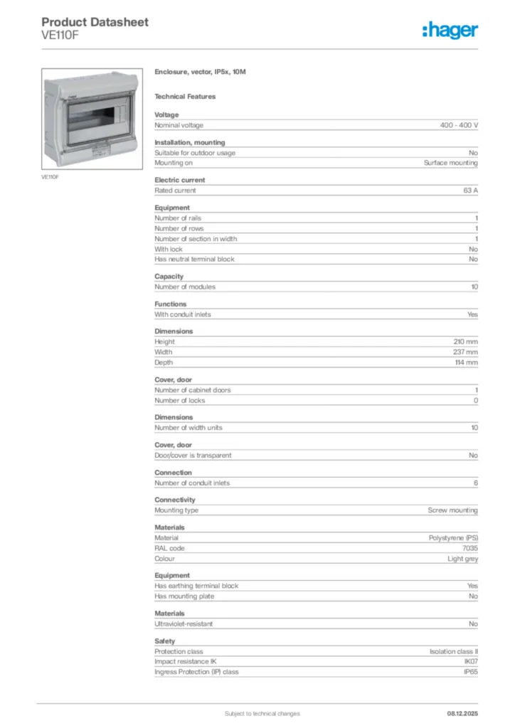 Image Hager Product data sheet VE110F  | Hager Africa