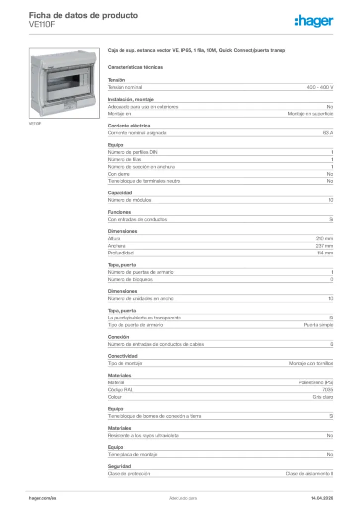 Imagen Hager Ficha de datos de producto VE110F | Hager España
