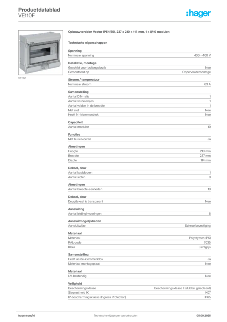 Afbeelding Hager Productdatablad VE110F | Hager Nederland