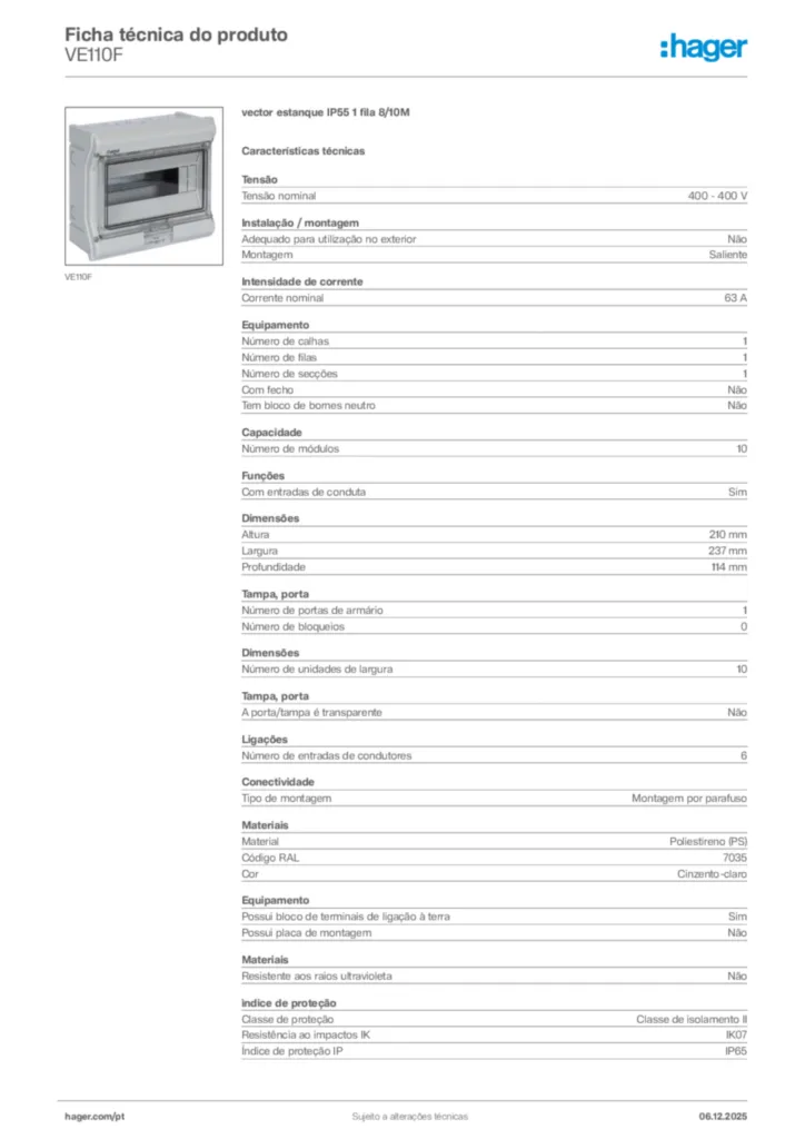 Imagem Hager Ficha técnica do produto VE110F | Hager Portugal