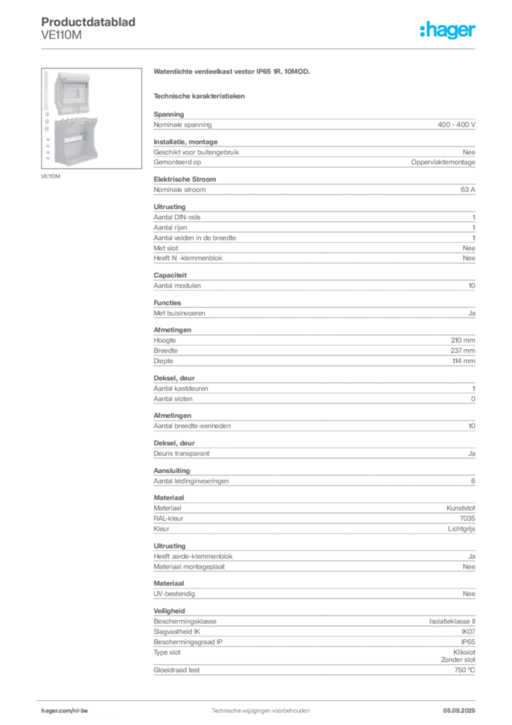 Afbeelding Hager Productdatablad VE110M | Hager Belgium