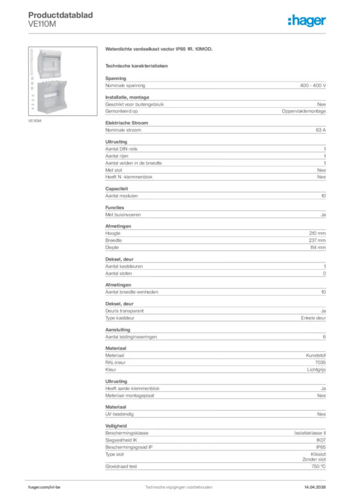 Afbeelding Hager Productdatablad VE110M | Hager Belgium