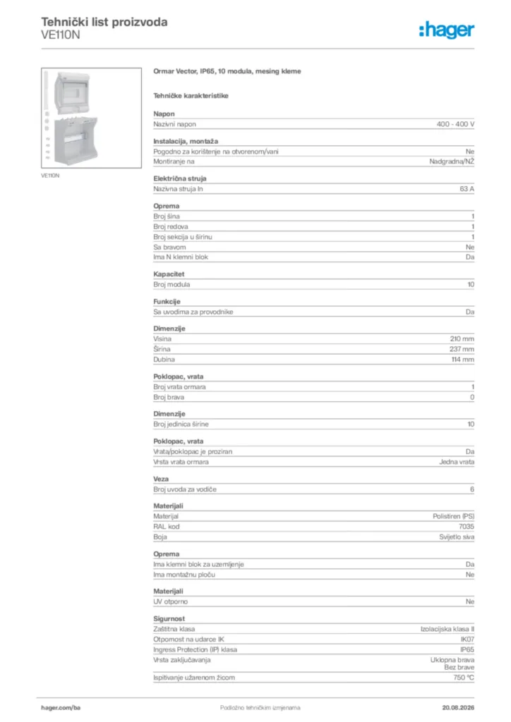 Slika Hager Tehnički list proizvoda VE110N  | Hager