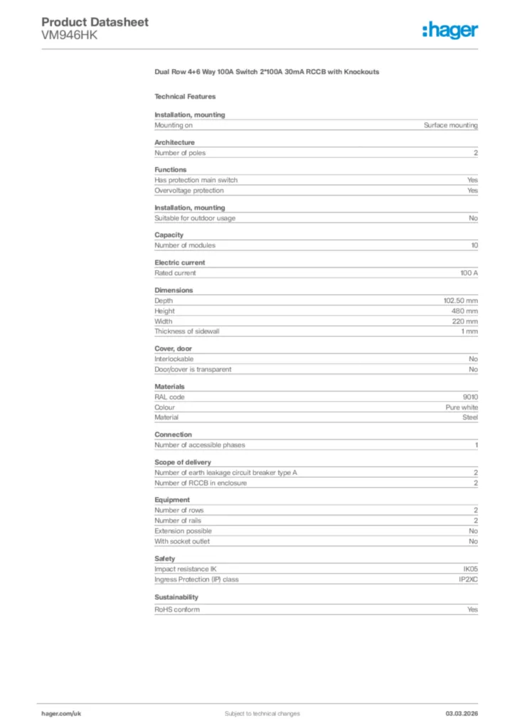 Image Hager Product data sheet VM946HK  | Hager