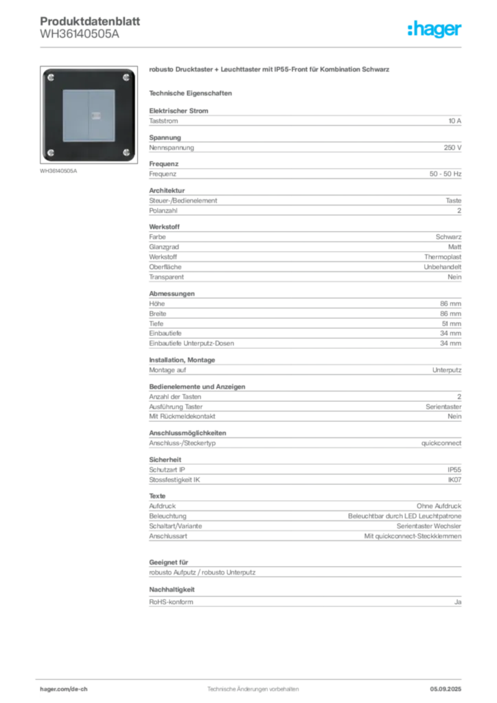 Bild Hager Produktdatenblatt WH36140505A | Hager Schweiz