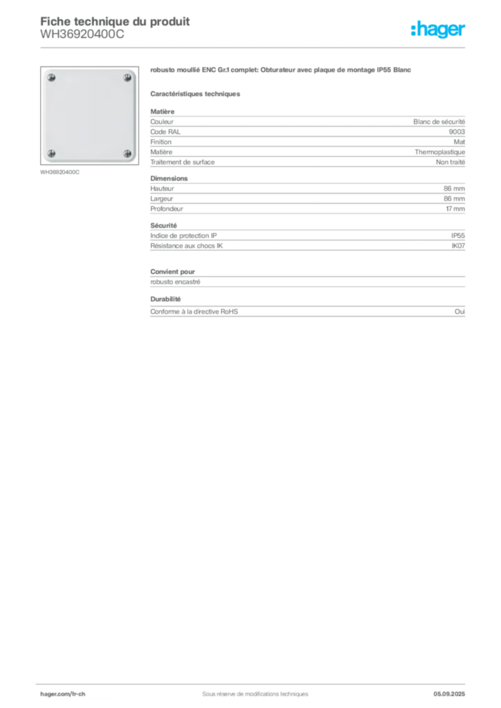 Image Hager Fiche technique du produit WH36920400C | Hager Suisse