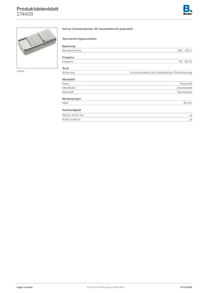 Bild Berker Produktdatenblatt 274409 | Hager Deutschland