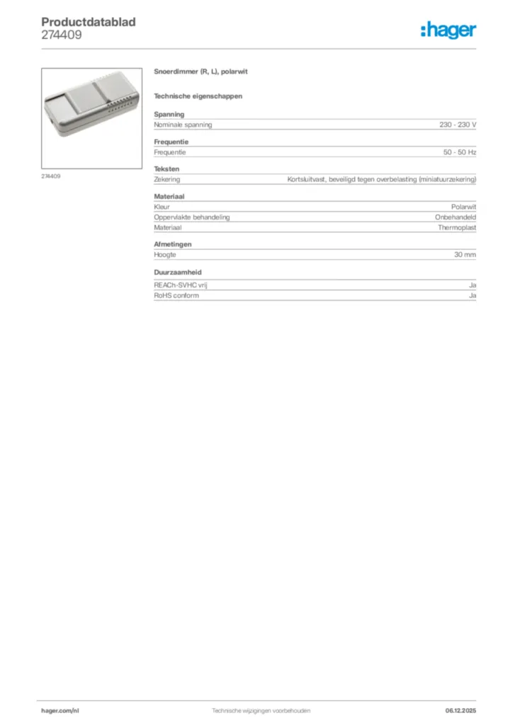 Afbeelding Hager Productdatablad 274409 | Hager Nederland