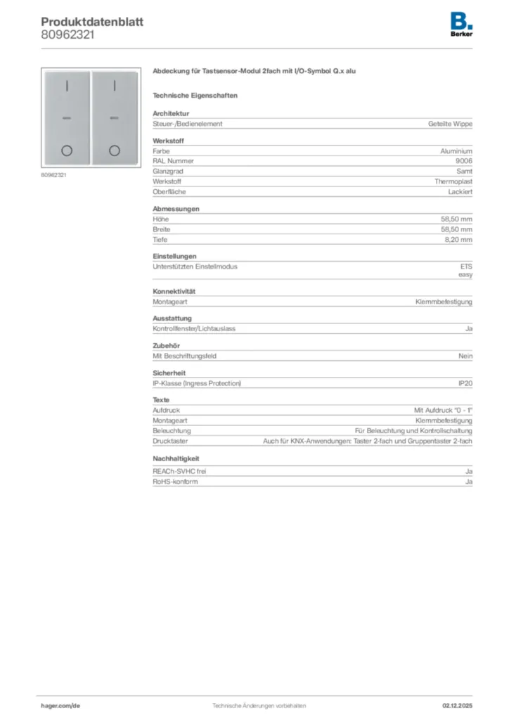 Bild Berker Produktdatenblatt 80962321 | Hager Deutschland