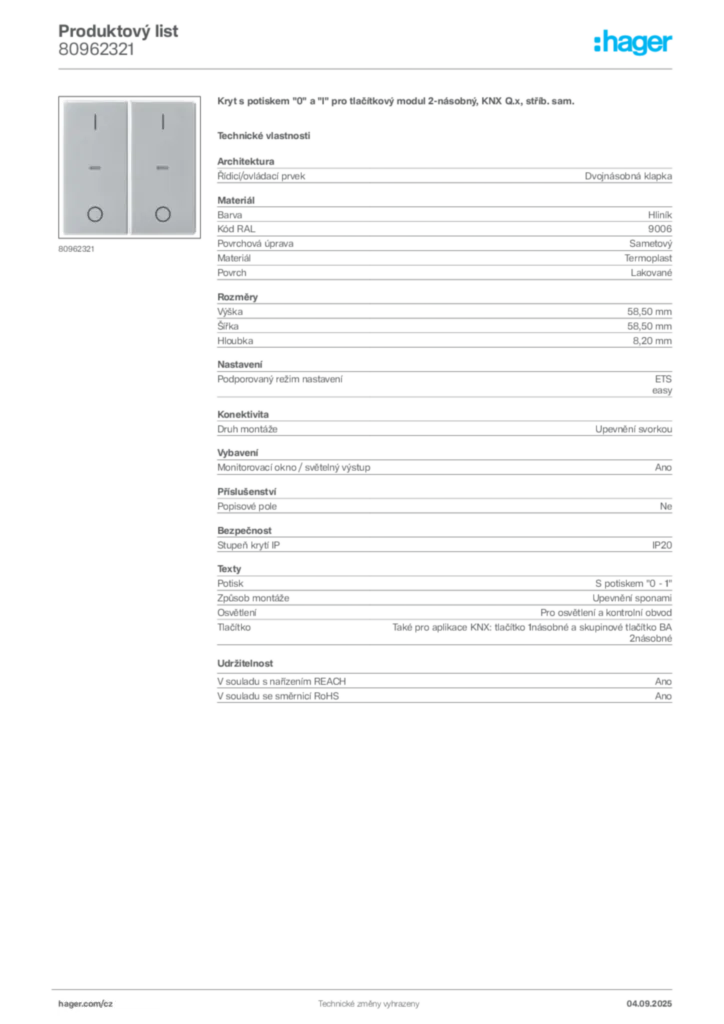 Obrázek Hager Produktový list 80962321 | Hager