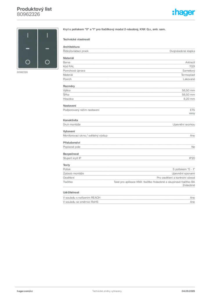 Obrázek Hager Produktový list 80962326 | Hager