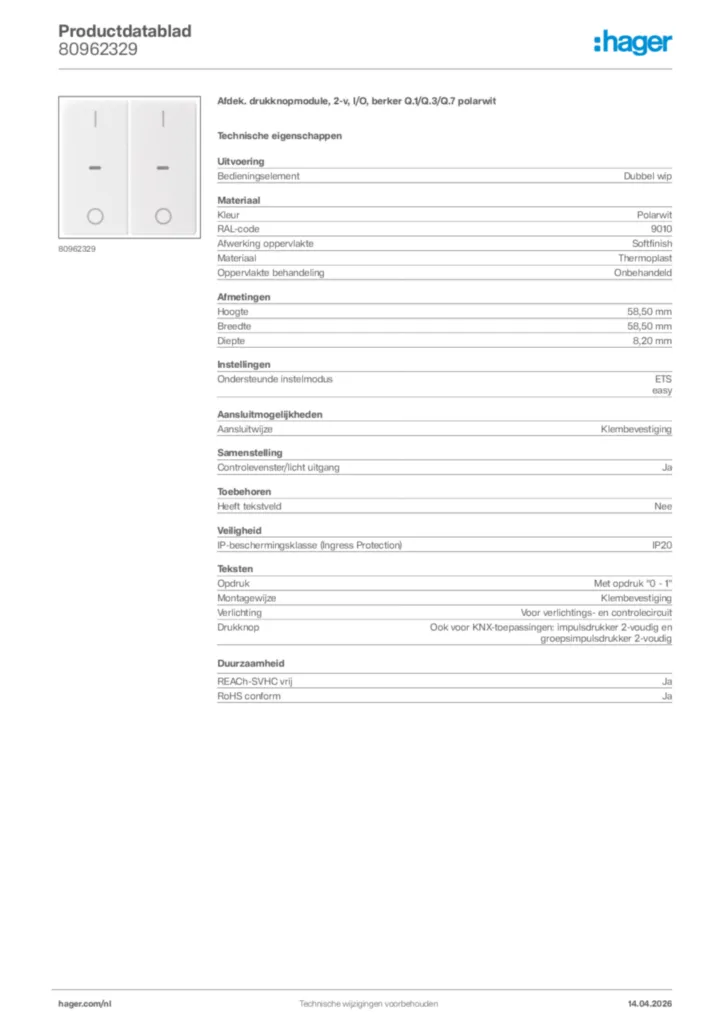 Afbeelding Hager Productdatablad 80962329 | Hager Nederland