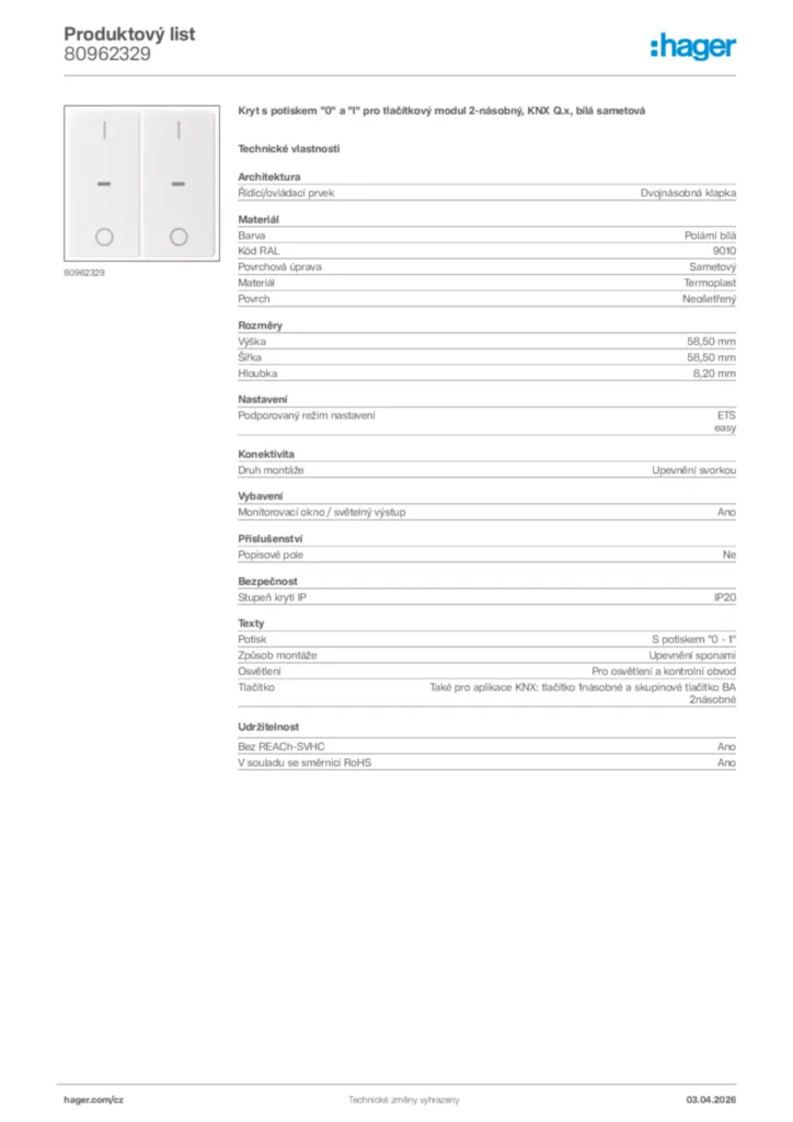 Obrázek Hager Product data sheet 80962329 | Hager