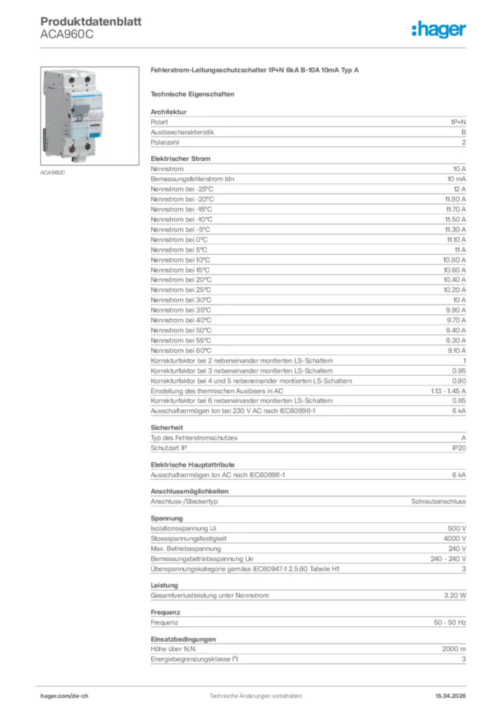 Bild Hager Produktdatenblatt ACA960C | Hager Schweiz