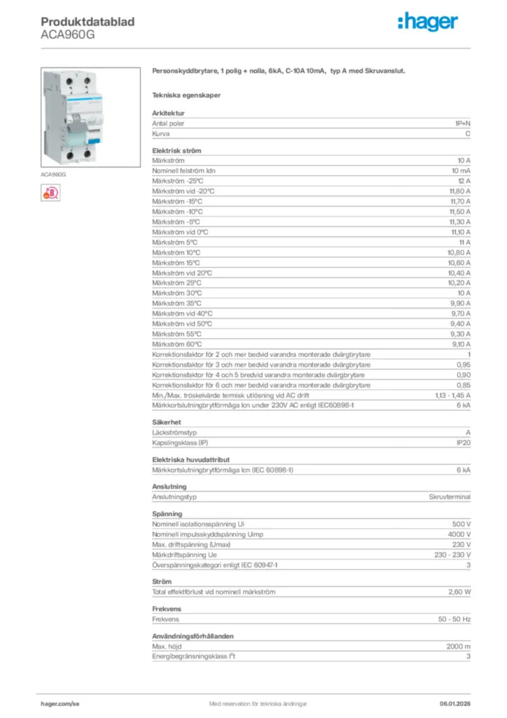 Bild Hager Produktdatablad ACA960G | Hager Sverige