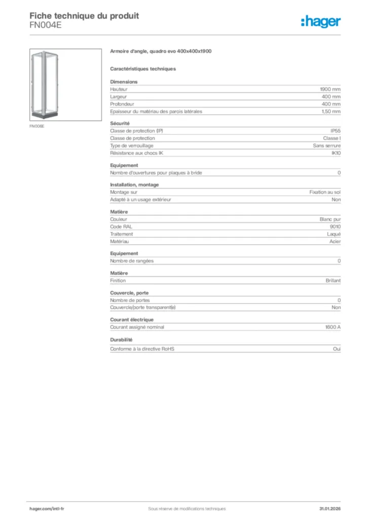 Image Hager Fiche technique du produit FN004E | Hager Afrique