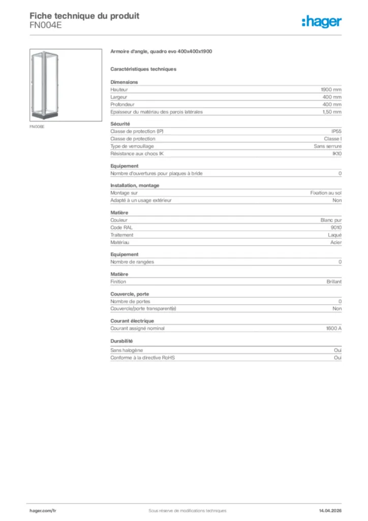 Image Hager Fiche technique du produit FN004E | Hager France